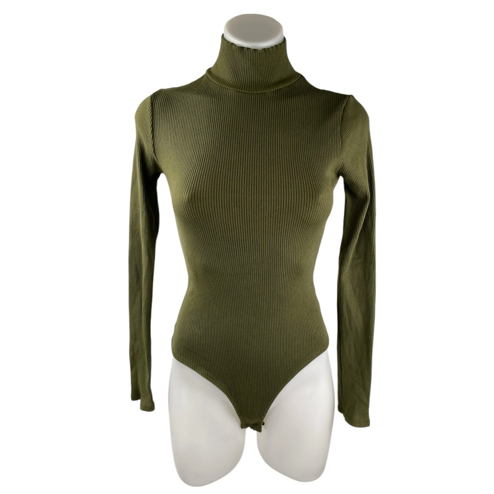 Lulus Womens Green Ribbed Knit Long Sleeve Turtleneck Bodysuit Sweater Top Sz S