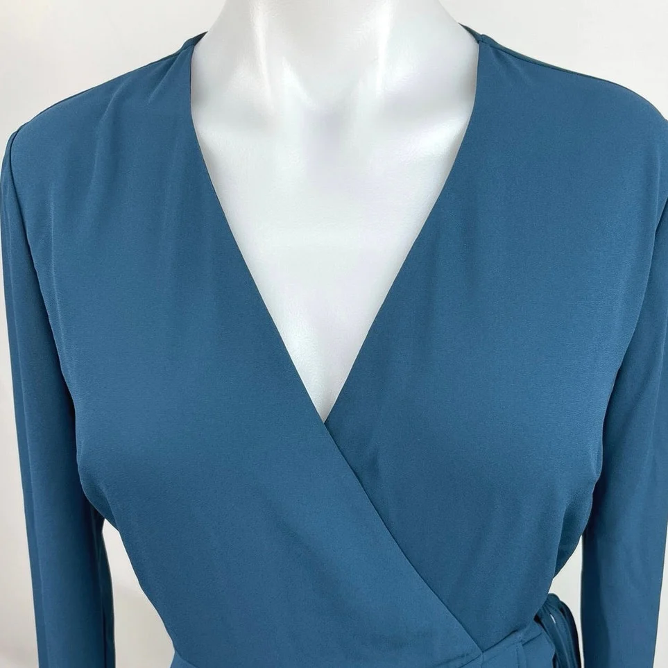 Lush Blue V Neck Long Sleeve Flowy Keyhole Back A Line Mini Dress Size S - Image 3