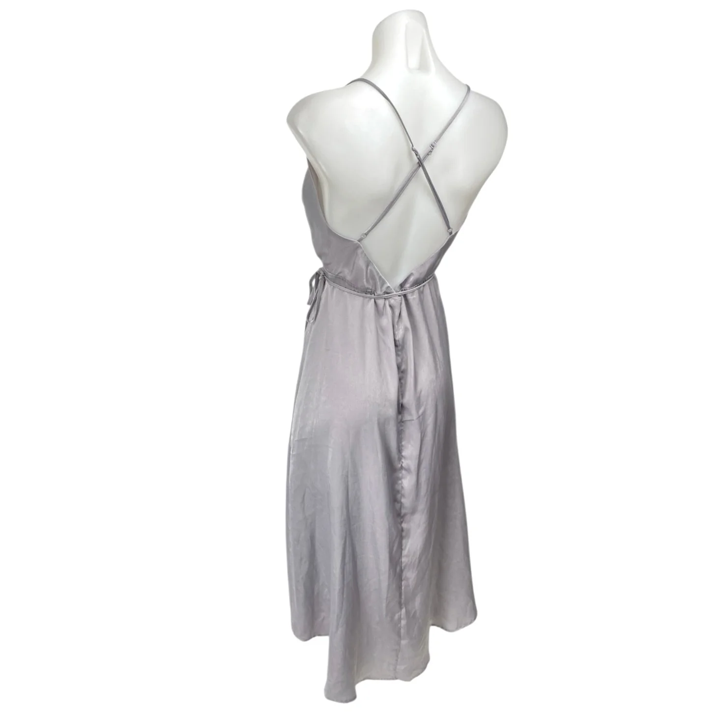 Lush Gray Satin Faux Wrap Sleeveless V-neck Cami Camisole Midi A-Line Dress Sz M - Image 2