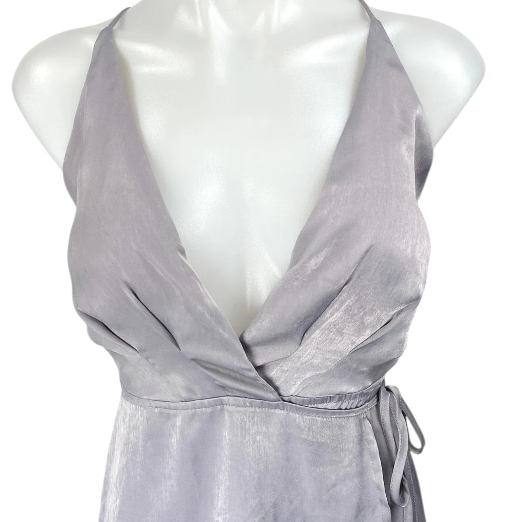 Lush Gray Satin Faux Wrap Sleeveless V-neck Cami Camisole Midi A-Line Dress Sz M - Image 3