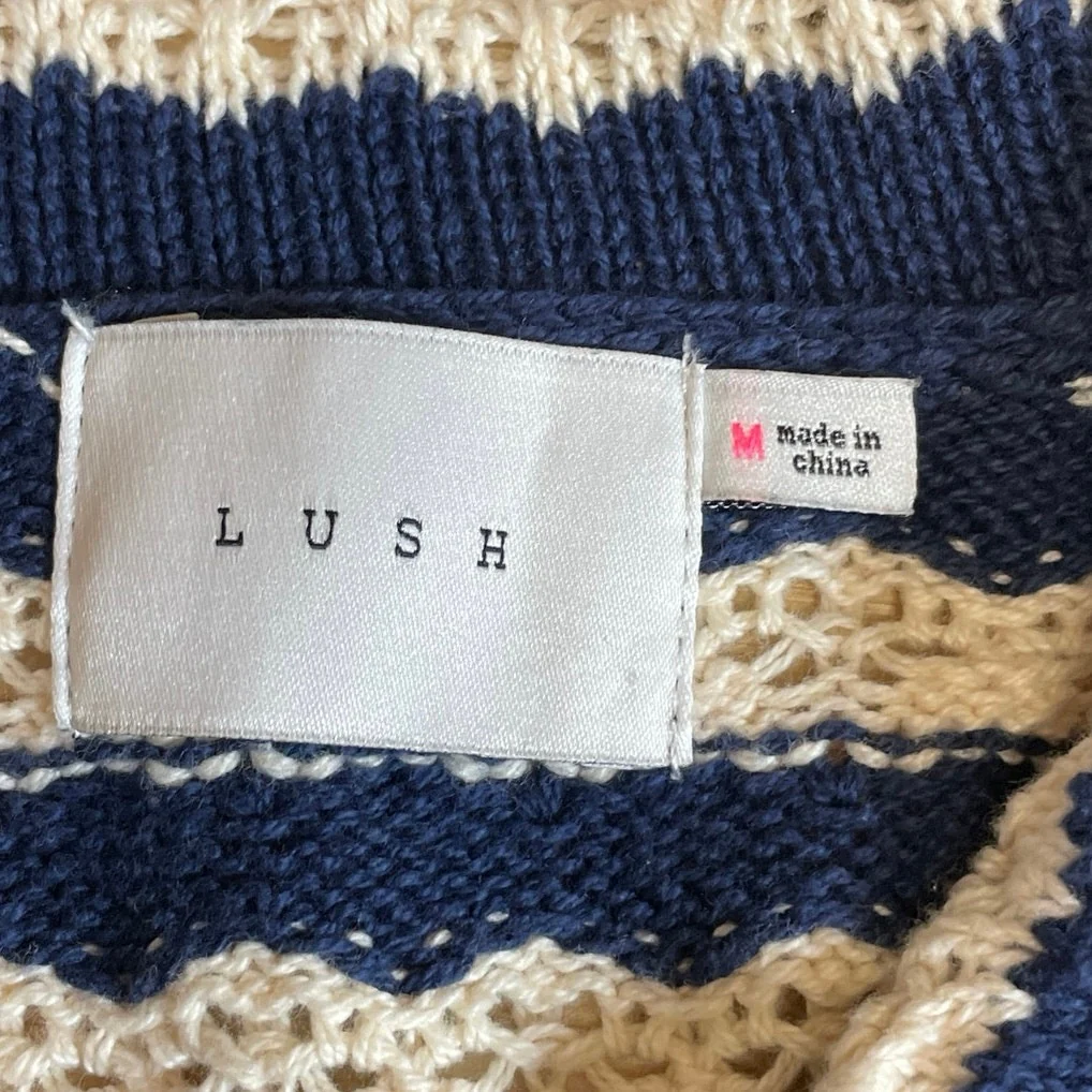 Lush Stripe Crochet Collared Short Sleeve Button Up Shirt Cardigan Sweater Top M - Image 5