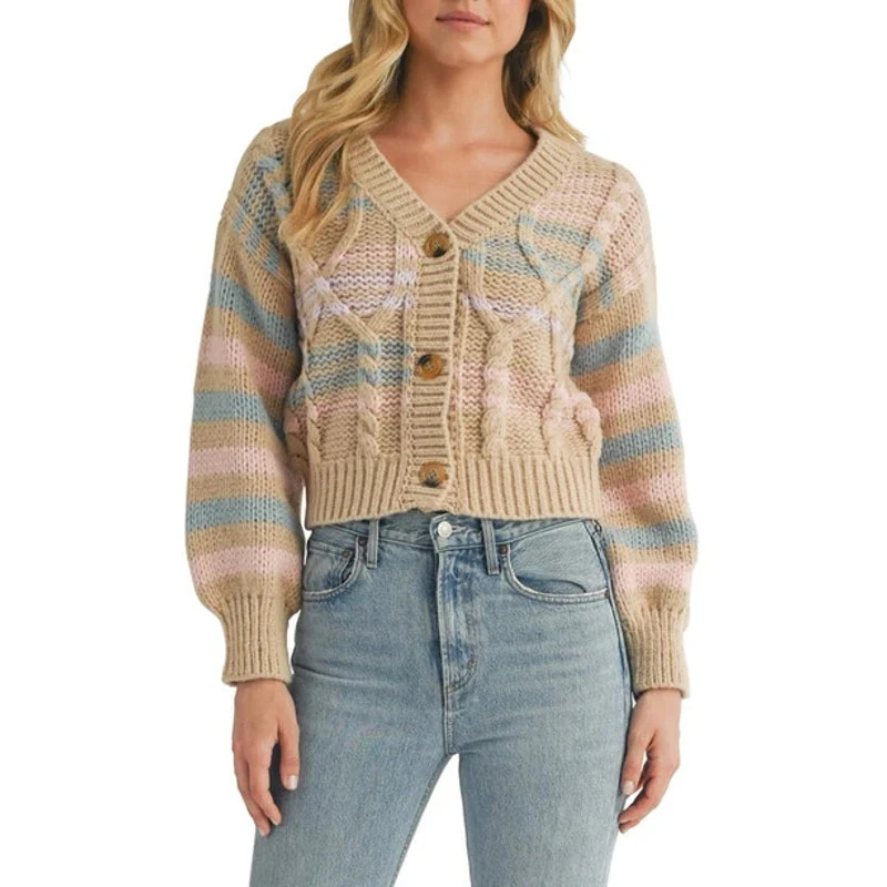 Lush Tan Multicolor Striped Cable Knit Button Up Cardigan Sweater Top Size M - Image 3