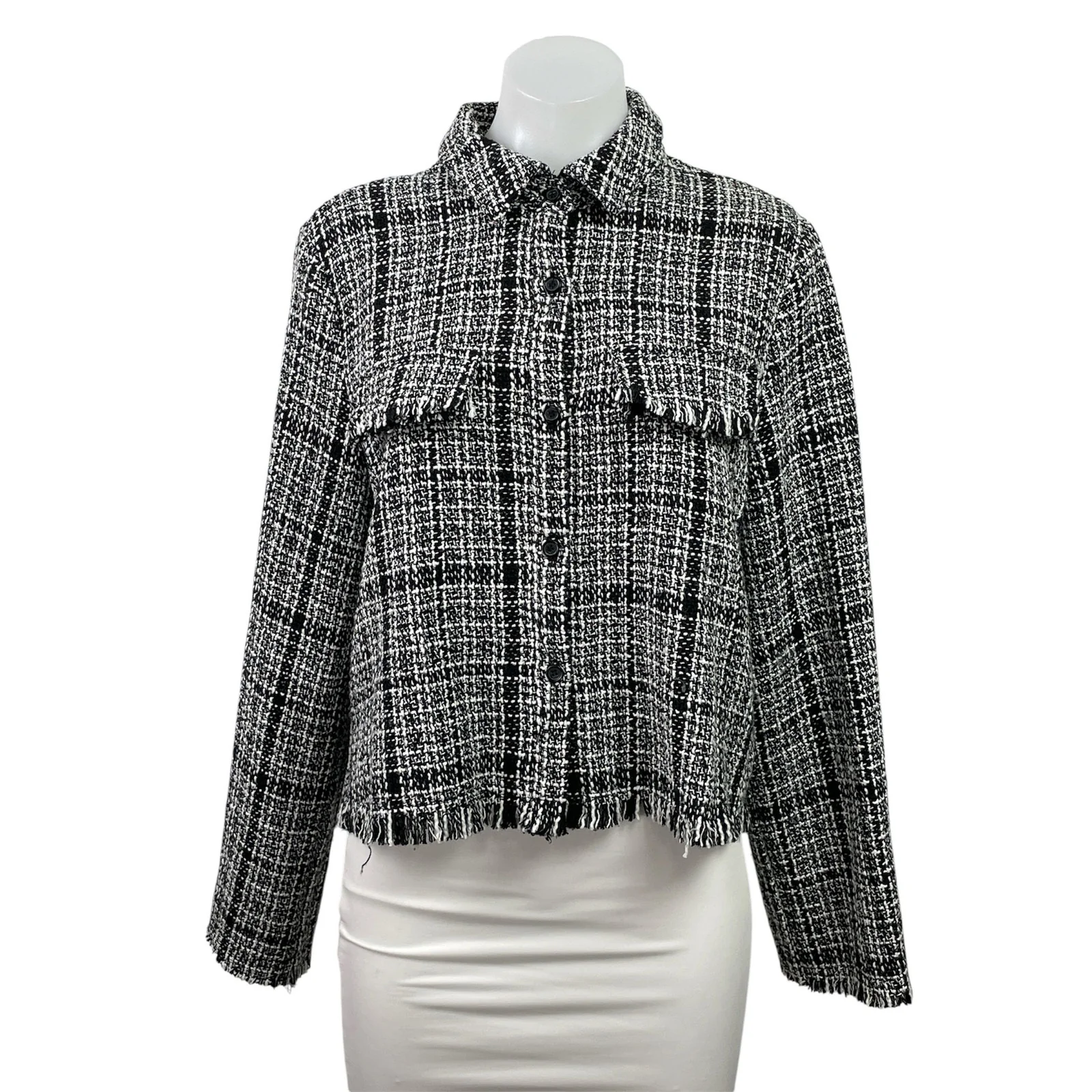 Lush Women's Black Tweed Plaid Long Sleeve Fringe Button Up Blazer Coat Jacket M
