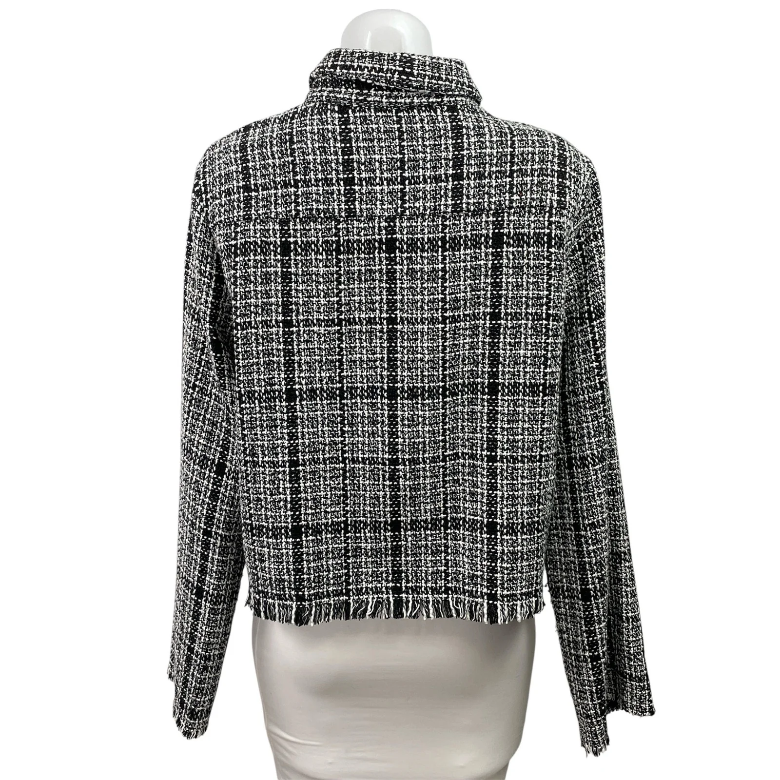 Lush Women's Black Tweed Plaid Long Sleeve Fringe Button Up Blazer Coat Jacket M - Image 3