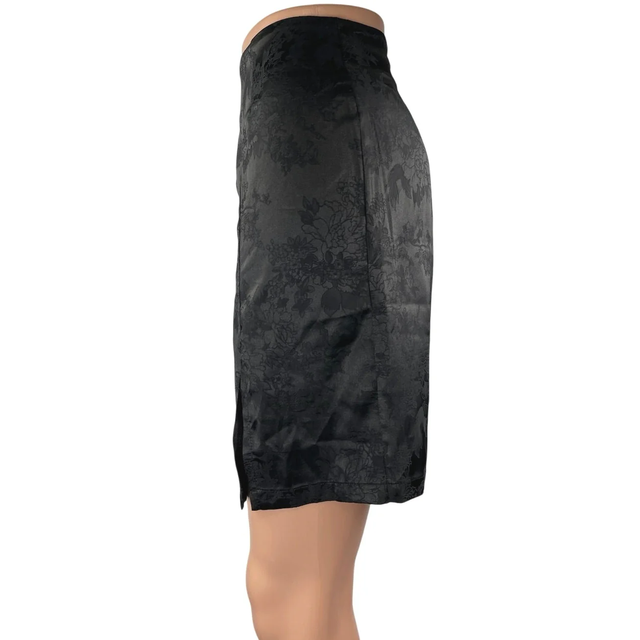 Lyaner Black Floral Silky Satin High Waist Front Slit Mini A-Line Skirt Size L - Image 2