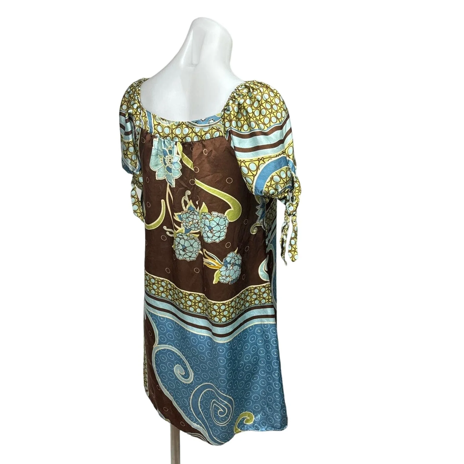 M by M. Kalan Brown Vintage Y2K Silk Floral Paisley Puff Sleeve Mini Dress Sz S - Image 3