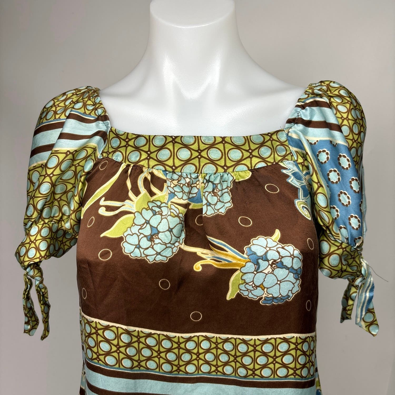 M by M. Kalan Brown Vintage Y2K Silk Floral Paisley Puff Sleeve Mini Dress Sz S - Image 4