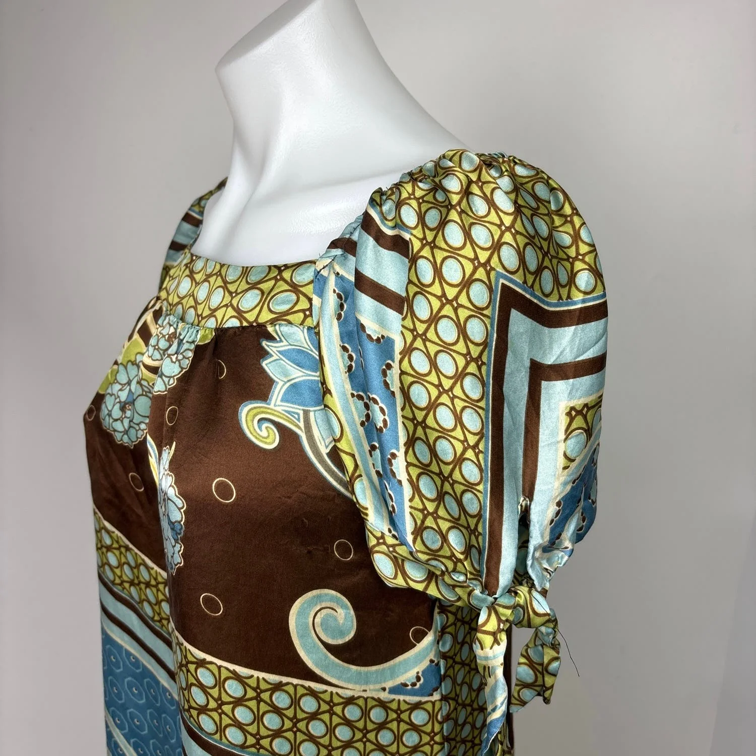 M by M. Kalan Brown Vintage Y2K Silk Floral Paisley Puff Sleeve Mini Dress Sz S - Image 5
