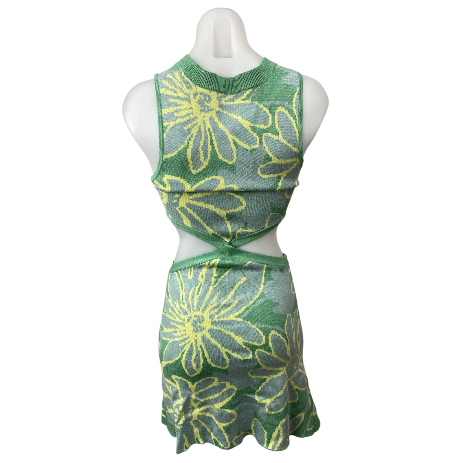 Mable Green Floral Knit Sleeveless Crew neck Cut Out Mini Bodycon Tank Dress M - Image 2