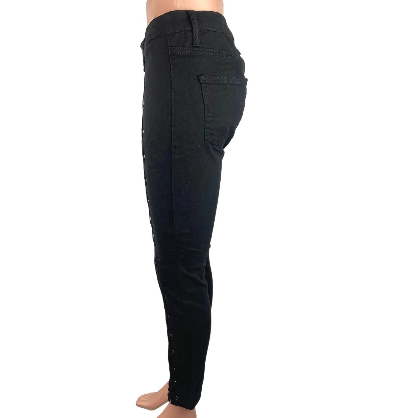 Machine NWT Black Cotton Mid Rise Lace Up Criss Cross Ankle Skinny Jeans Size 29 - Image 2