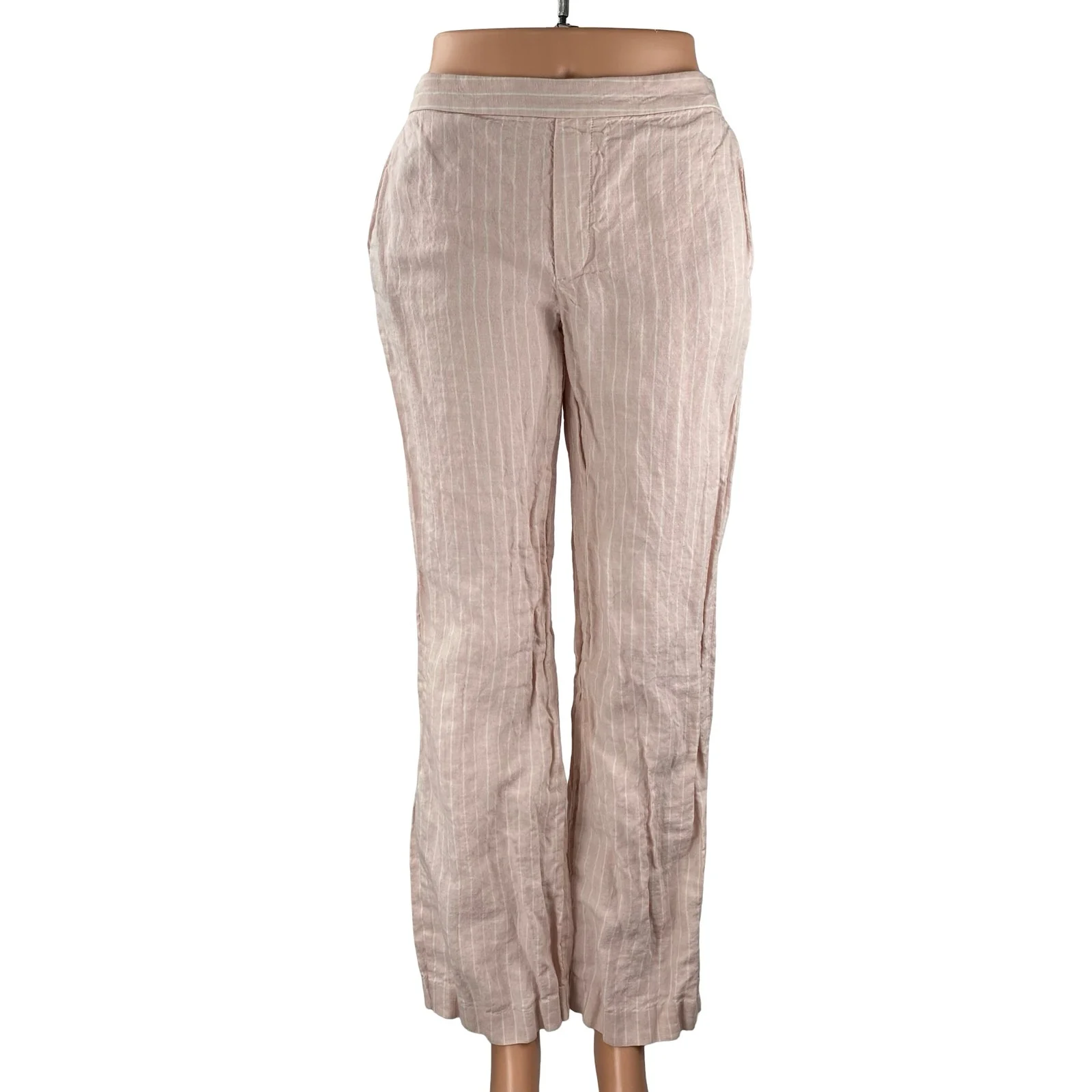 Madewell 100% Linen Zoe Women's Pink Stripe Mid Rise Straight Trousers Pants XS
