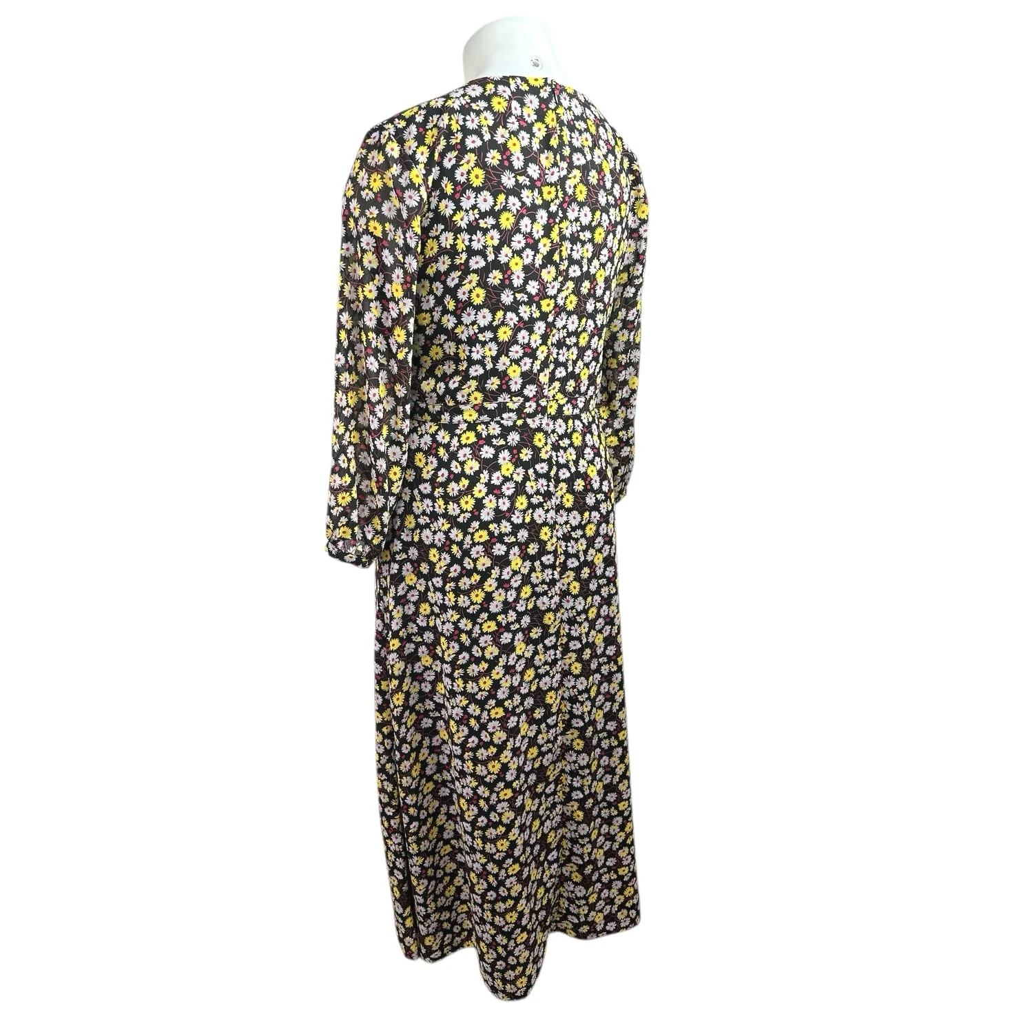 Madewell Black Yellow Floral Long Sleeve V Neck Faux Wrap A Line Maxi Dress 14 - Image 2