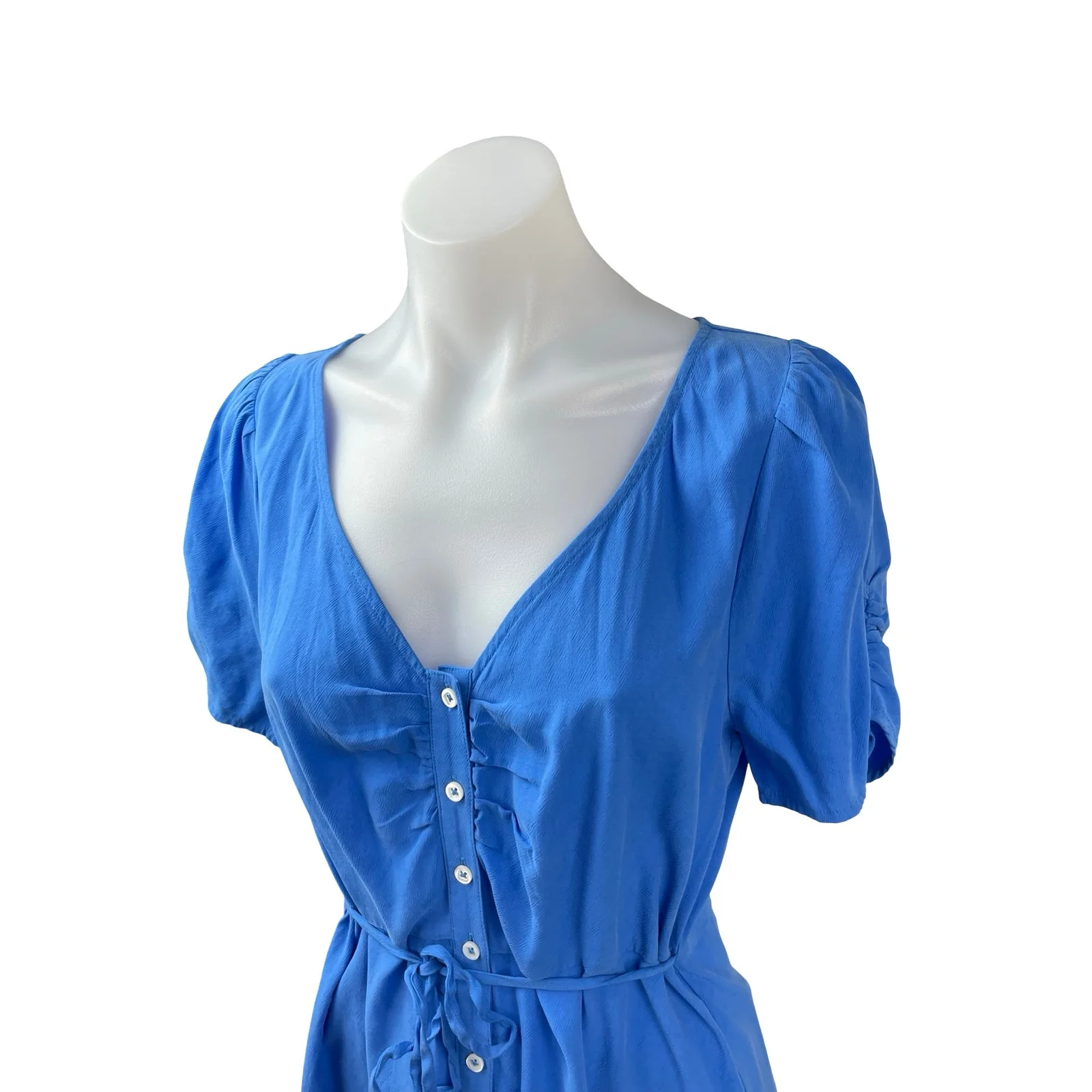 Madewell Blue Short Puff Sleeve Button Down Tie Waist V Neck A Line Mini Dress 4 - Image 2
