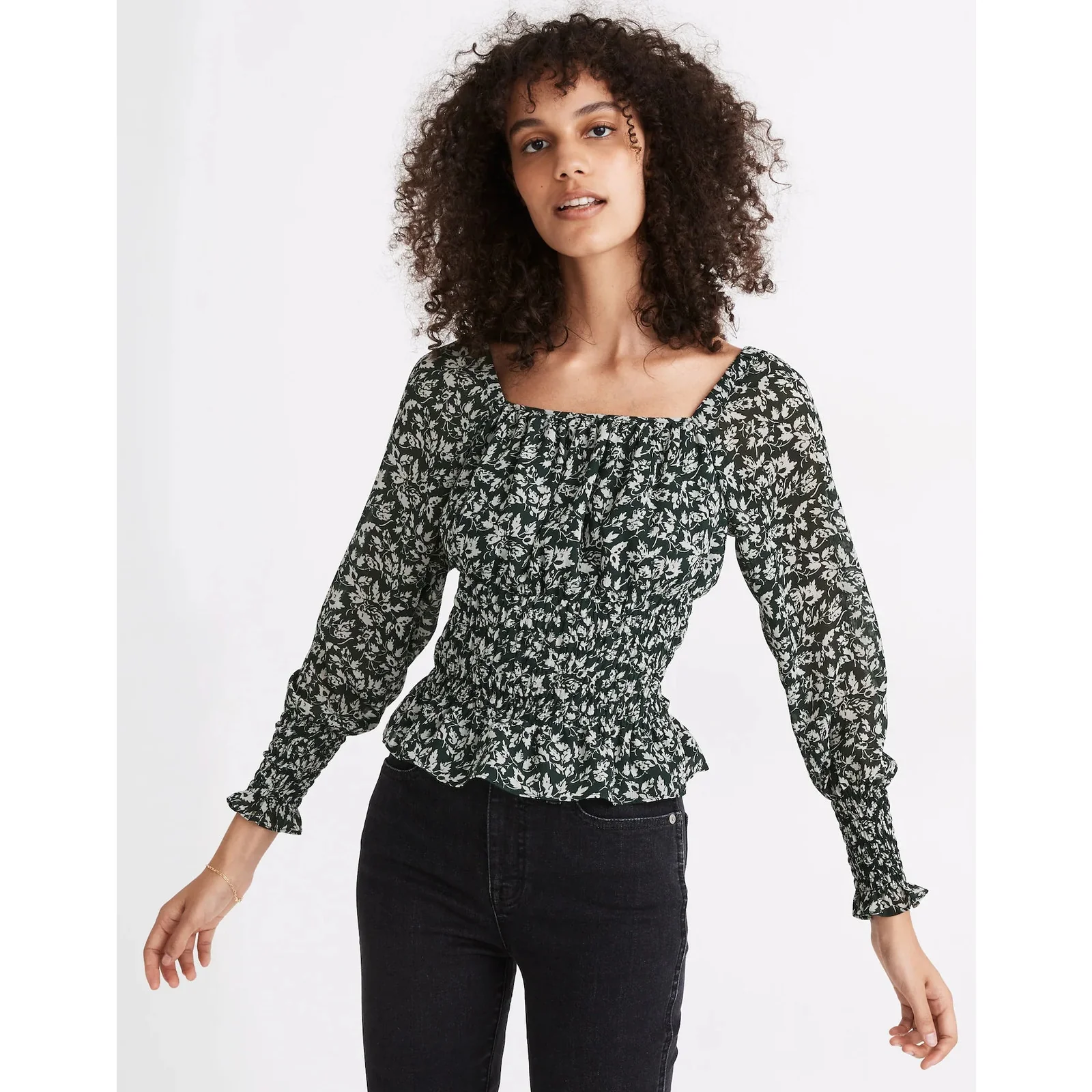 Madewell Georgette Green Floral Long Sleeve Smocked Peplum Blouse top Size XS - Image 3