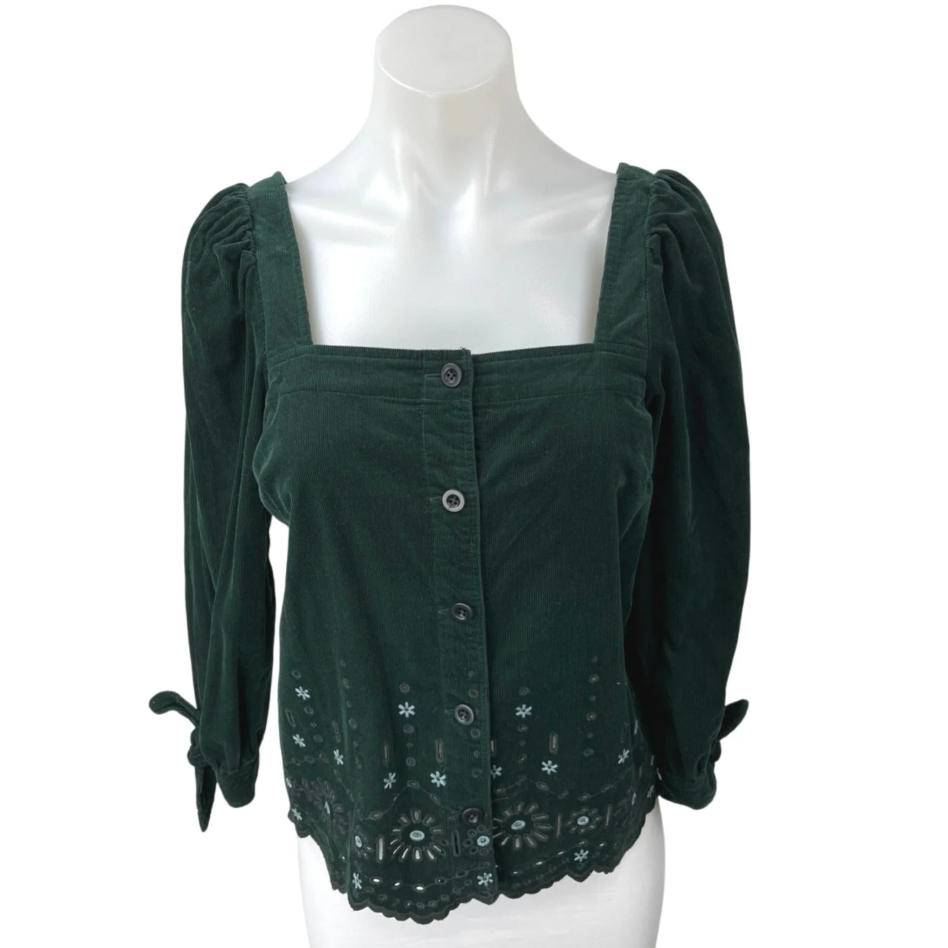 Madewell Green Floral Embroidered Eyelet Corduroy Tie-Sleeve Blouse Top Sz XS