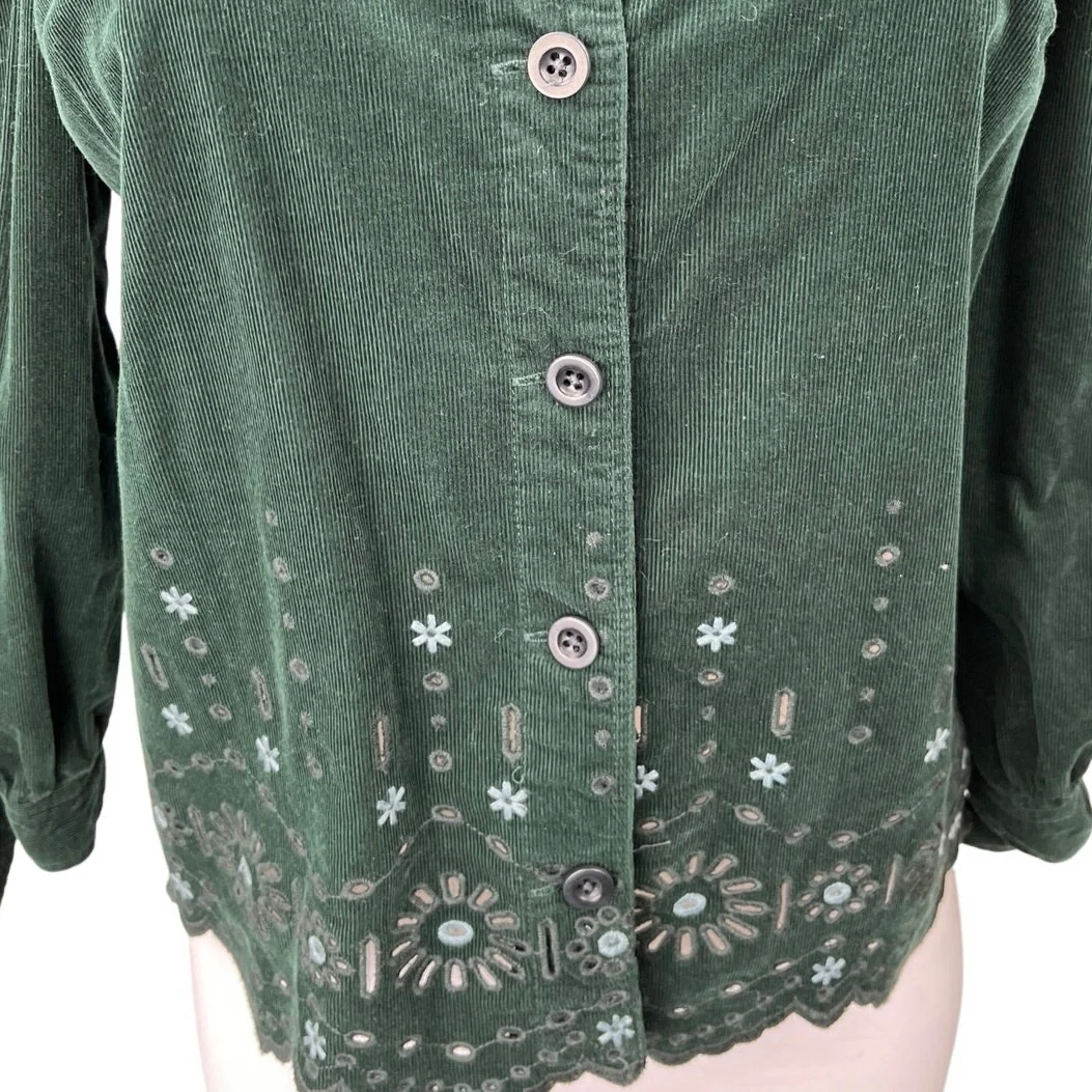 Madewell Green Floral Embroidered Eyelet Corduroy Tie-Sleeve Blouse Top Sz XS - Image 3