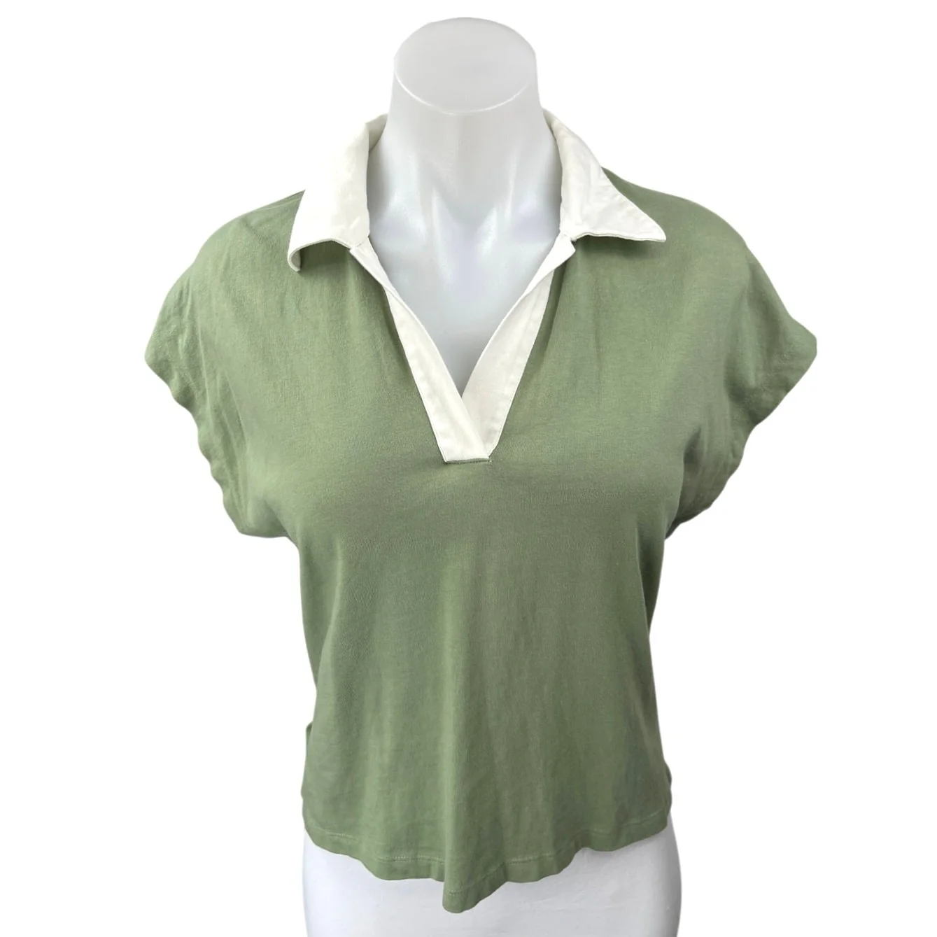Madewell Green White Collared Cap Sleeve Loose Casual Polo Shirt Top Size S