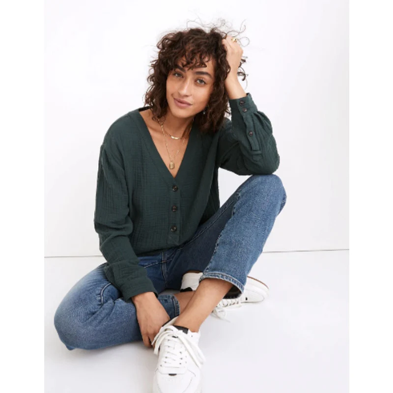 Madewell Lightspun Evert Green Gauze Long Sleeve Button Front Shirt Top Size XS - Image 3