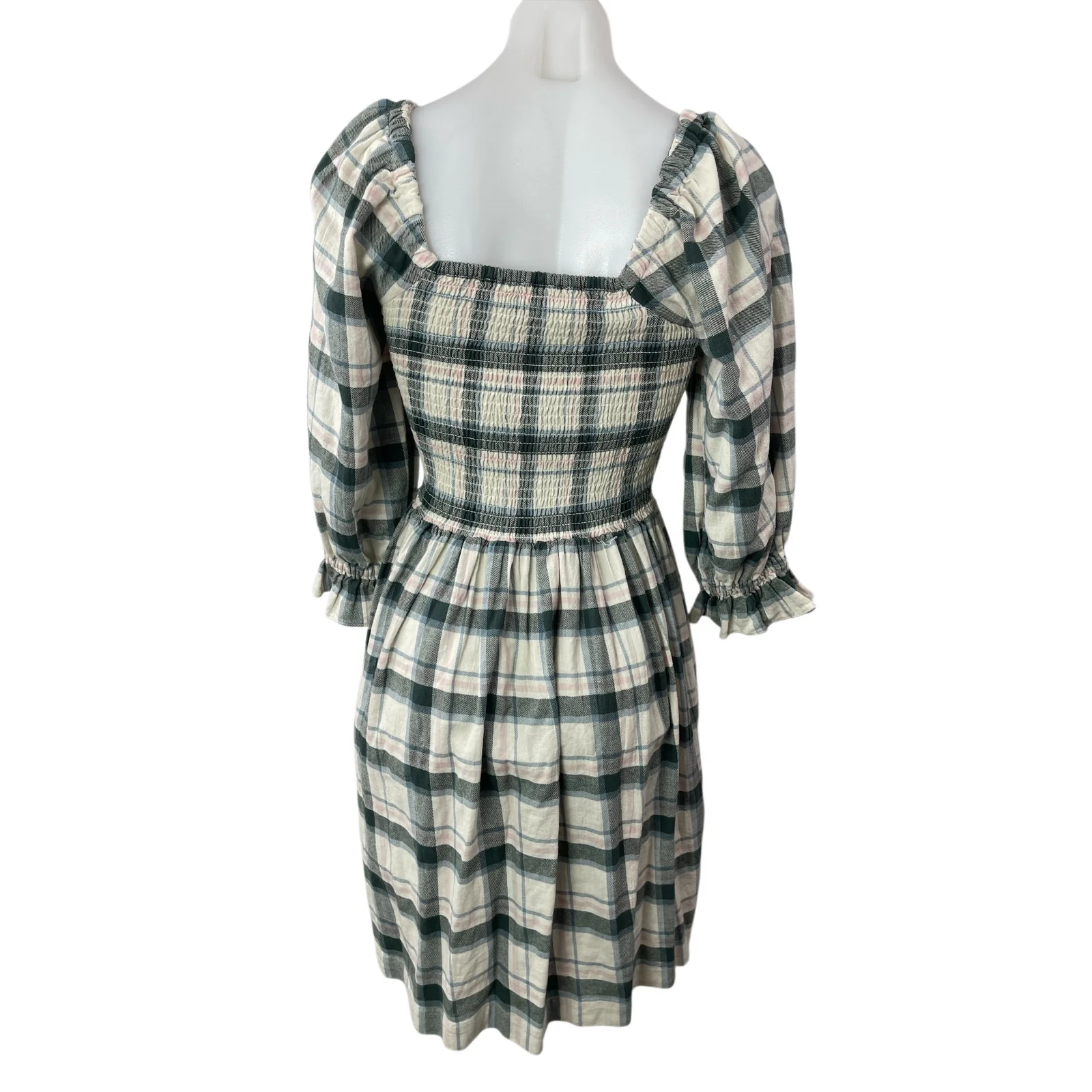 Madewell Lucie Plaid Check Square Neck 3/4 Sleeve Smocked Mini A-Line Dress XXS - Image 2