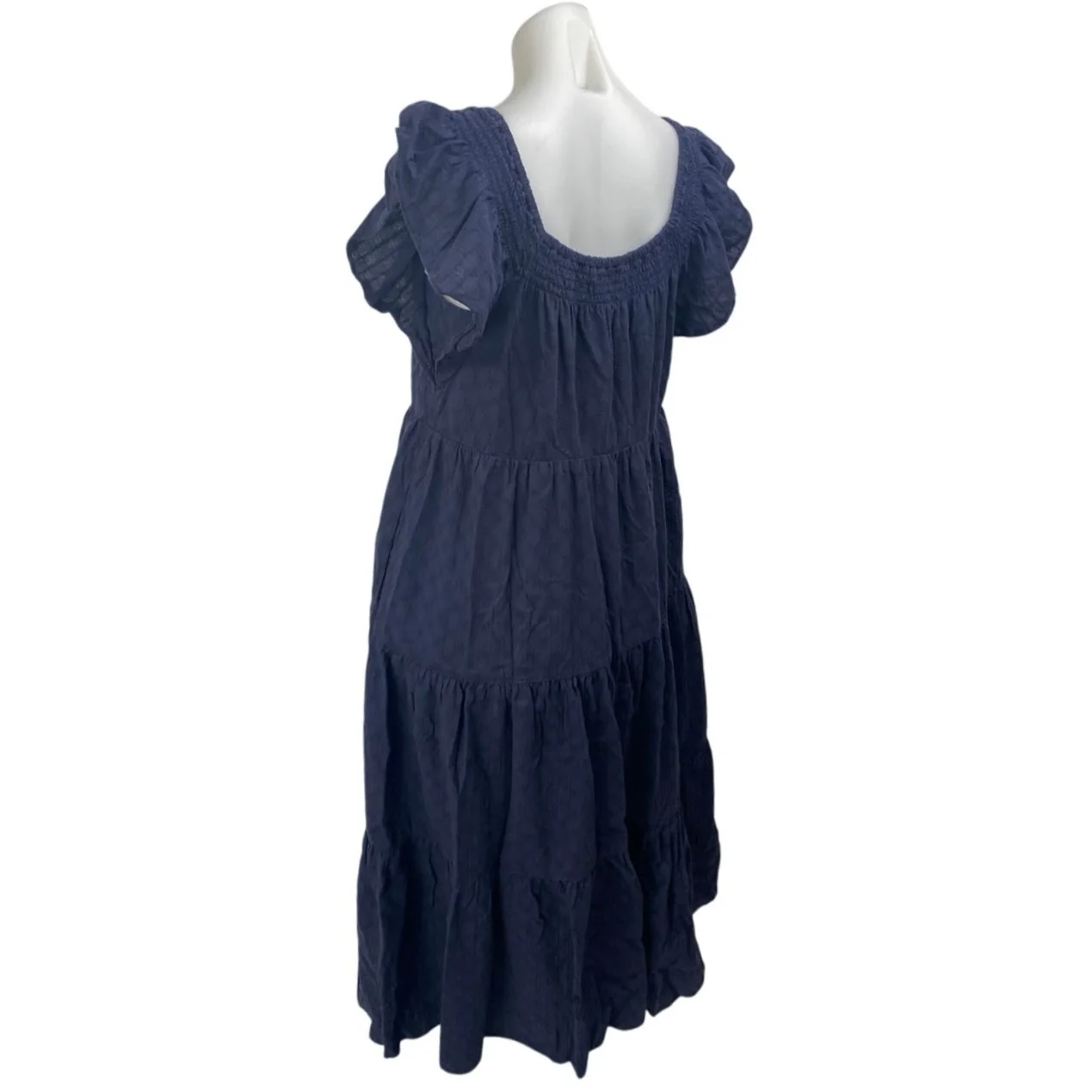 Madewell Navy Blue Ruffle Flutter Sleeve Smocked Tiered A Line Midi Dress Size S - Image 2