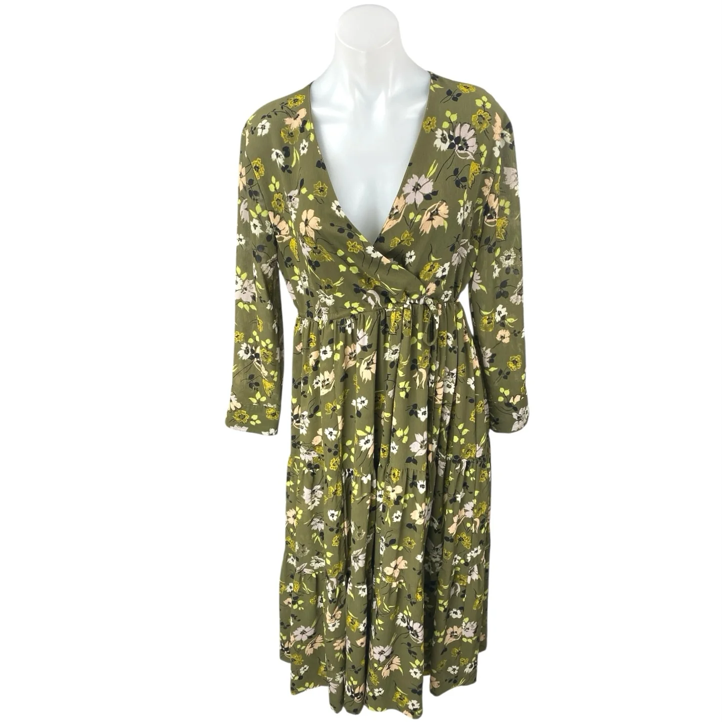 Madewell Olive Green Floral Long Sleeve V Neck Faux Wrap Tiered Midi Dress Sz S