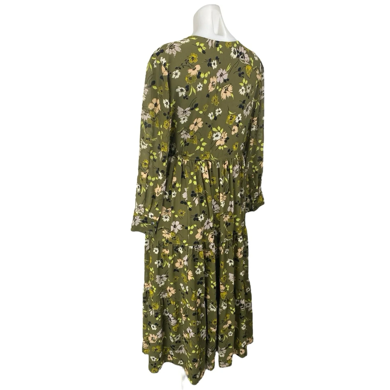 Madewell Olive Green Floral Long Sleeve V Neck Faux Wrap Tiered Midi Dress Sz S - Image 2