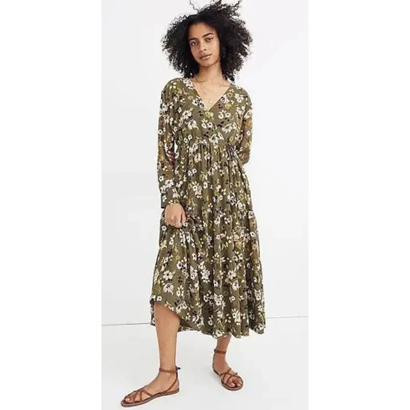 Madewell Olive Green Floral Long Sleeve V Neck Faux Wrap Tiered Midi Dress Sz S - Image 3