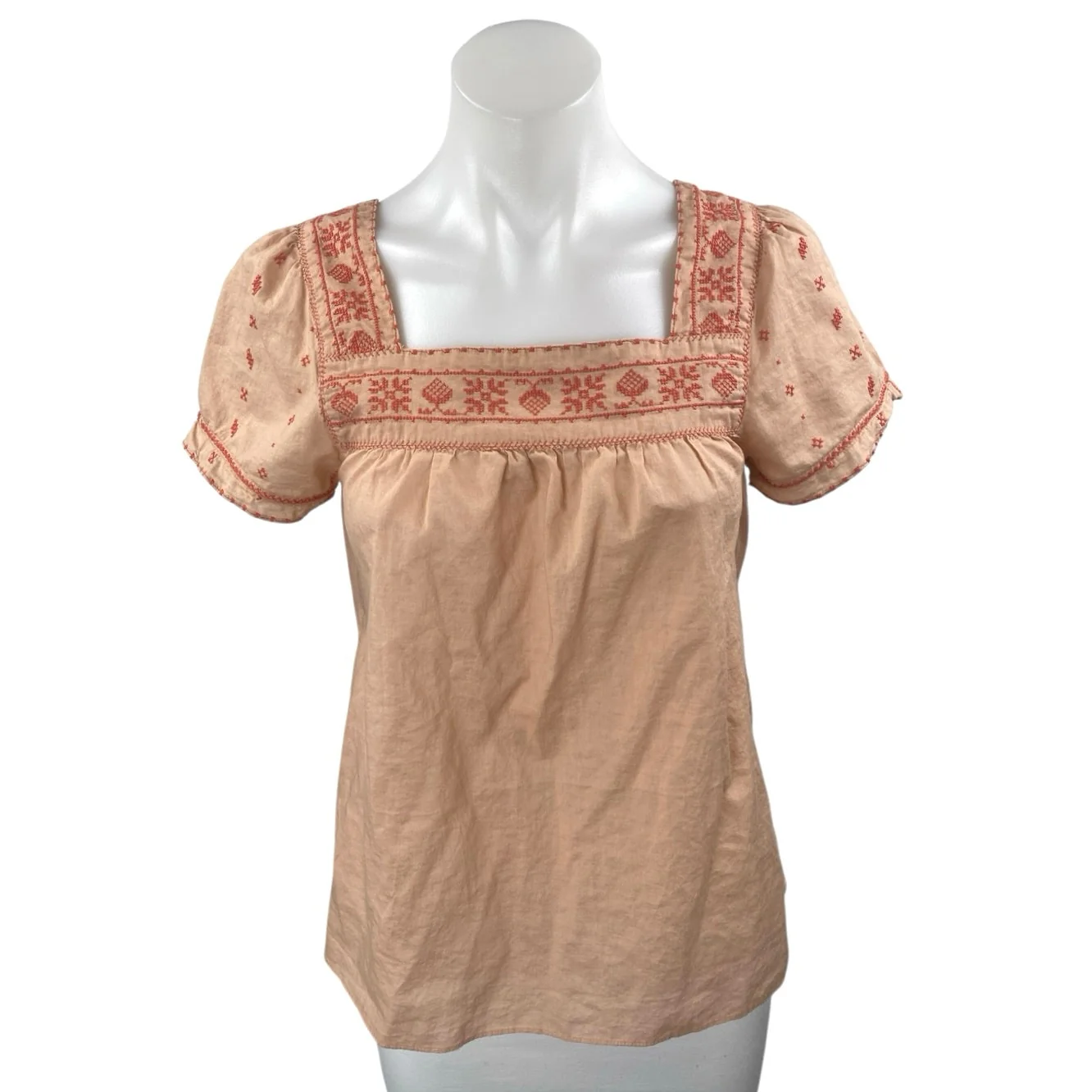 Madewell Peach Orange Embroidered Square Neck Short Puff Sleeve Blouse Top XS