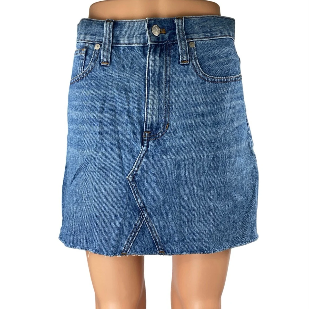 Madewell Rigid Women's Blue A Line Raw Hem Cut Off Denim Jean Skirt Size 25