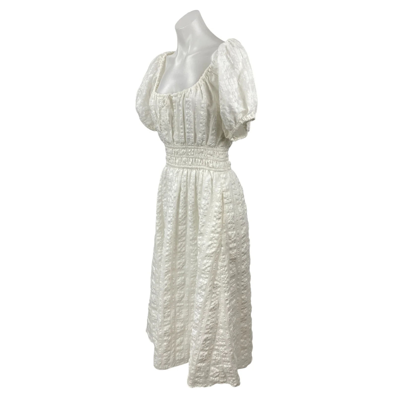 Madewell Sophia White Short Puff Sleeve Seersucker Check A Line Midi Dress Sz M - Image 3