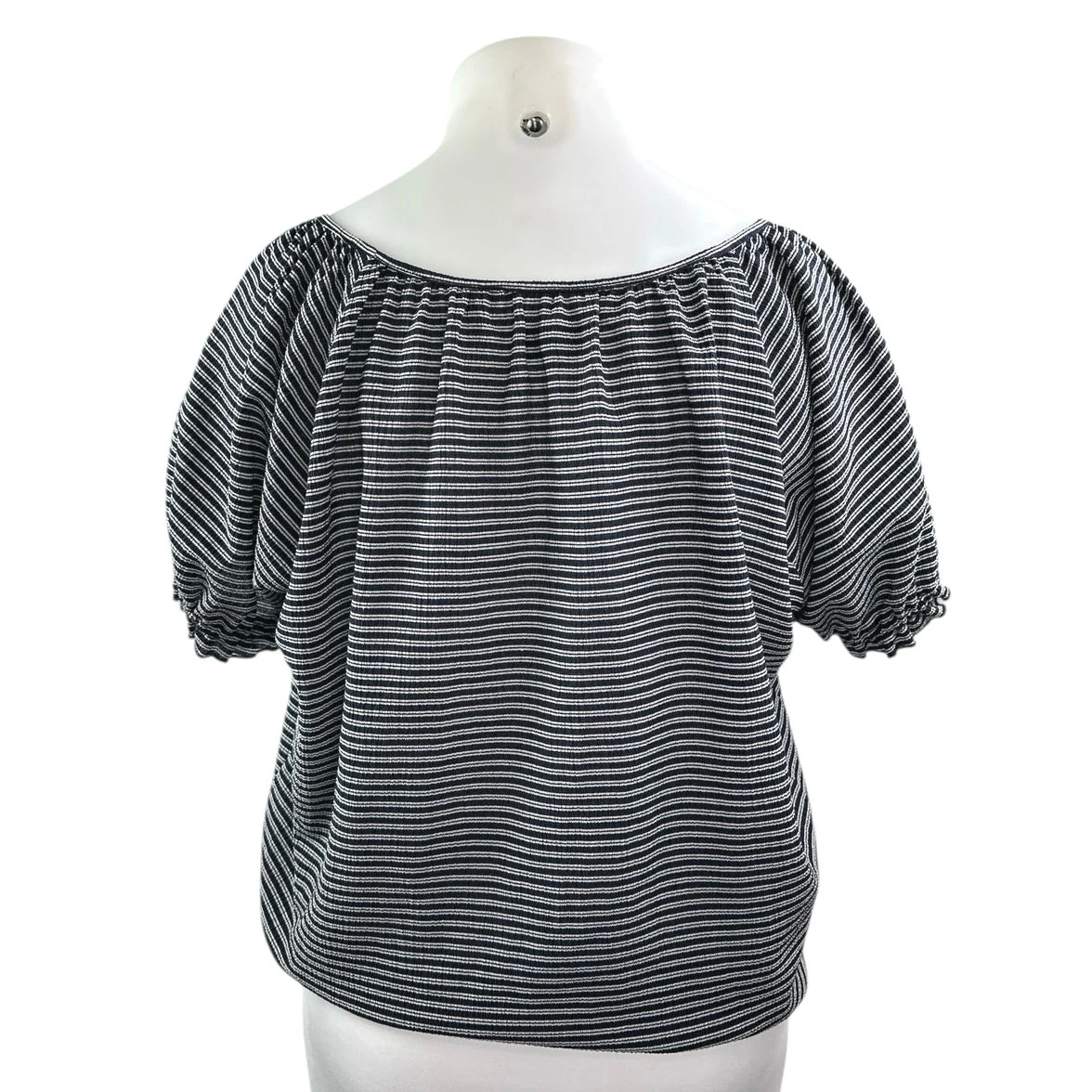 Madewell Texture & Thread Blue Striped Short Puff Sleeve Cropped Blouse Top XL - Image 2