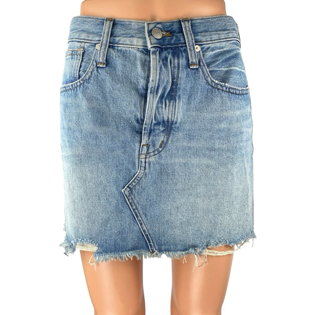 Madewell Women Blue Medium Wash Raw Hem Frayed Pencil Denim Jean Skirt Size 26