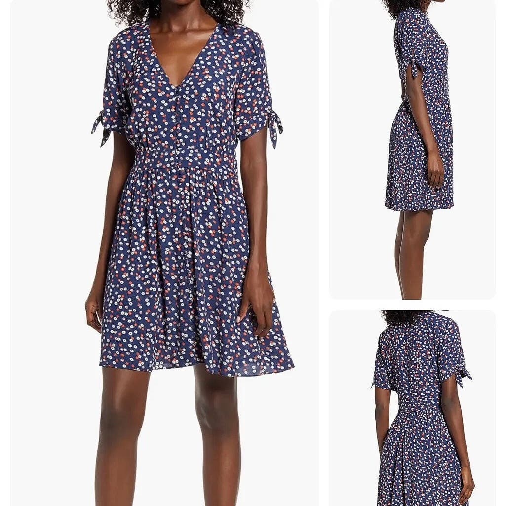 Madewell Women Navy Blue Daisy Floral Button Up Short Tie Sleeve Mini Dress Sz 4 - Image 4