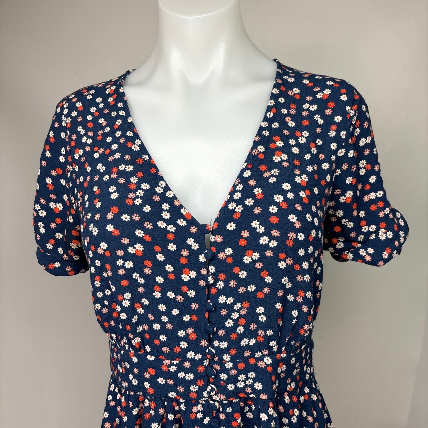 Madewell Women Navy Blue Daisy Floral Button Up Short Tie Sleeve Mini Dress Sz 4 - Image 5