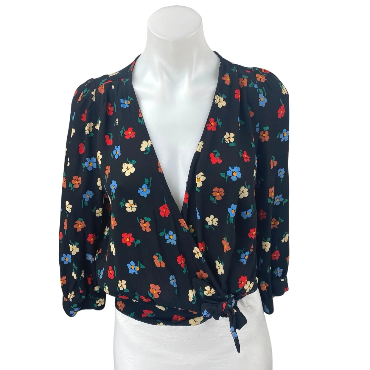 Madewell Women's Black Floral Print Long Puff Sleeve V-neck Wrap Blouse Top Sz M