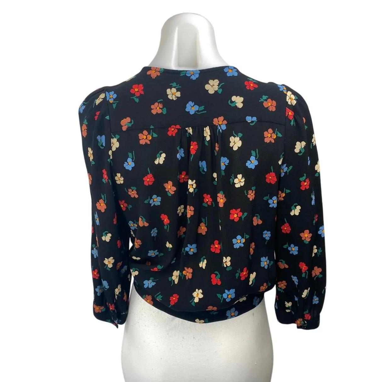 Madewell Women's Black Floral Print Long Puff Sleeve V-neck Wrap Blouse Top Sz M - Image 2