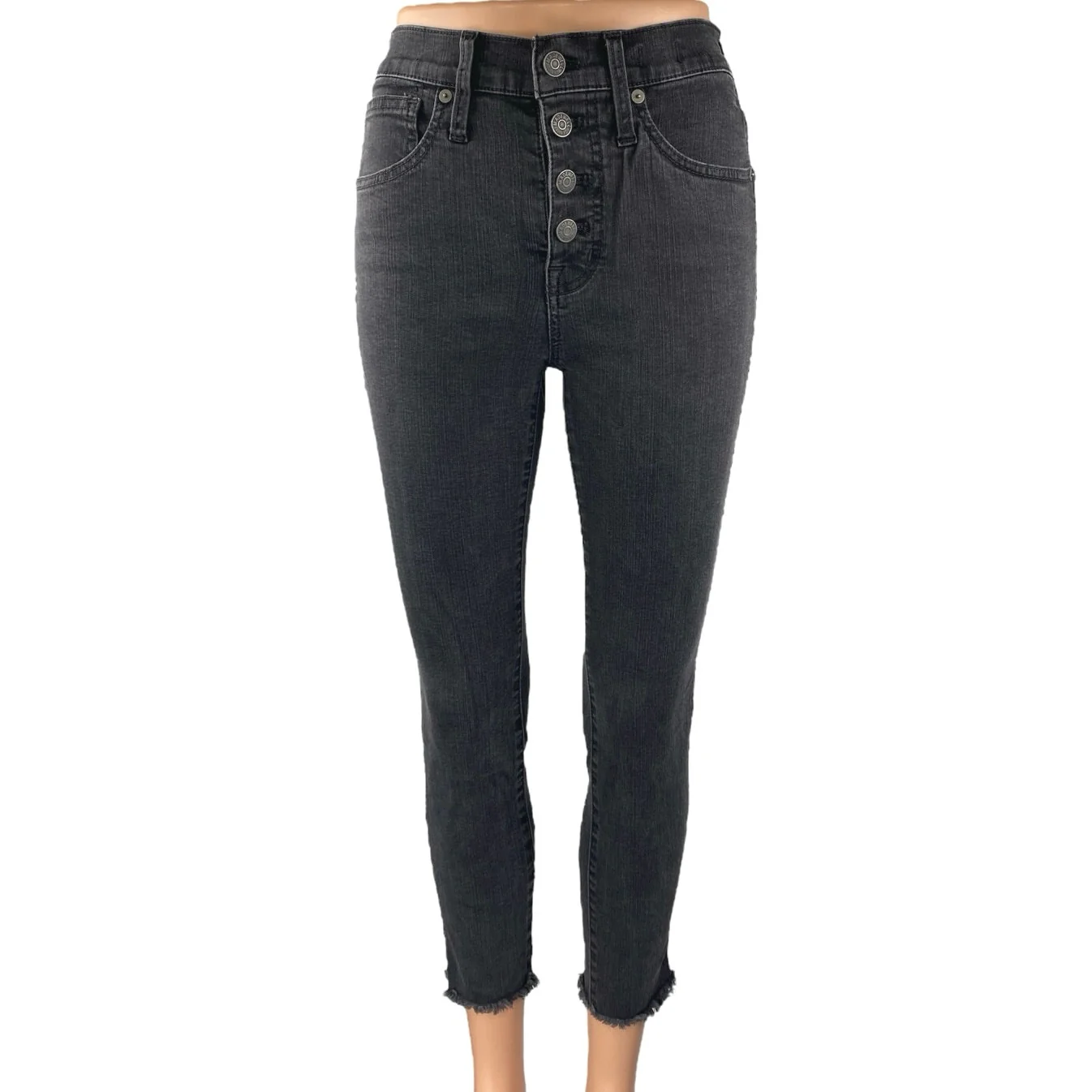 Madewell Women's Black High Rise Skinny Frayed Raw Hem Crop Denim Jeans Pants 25