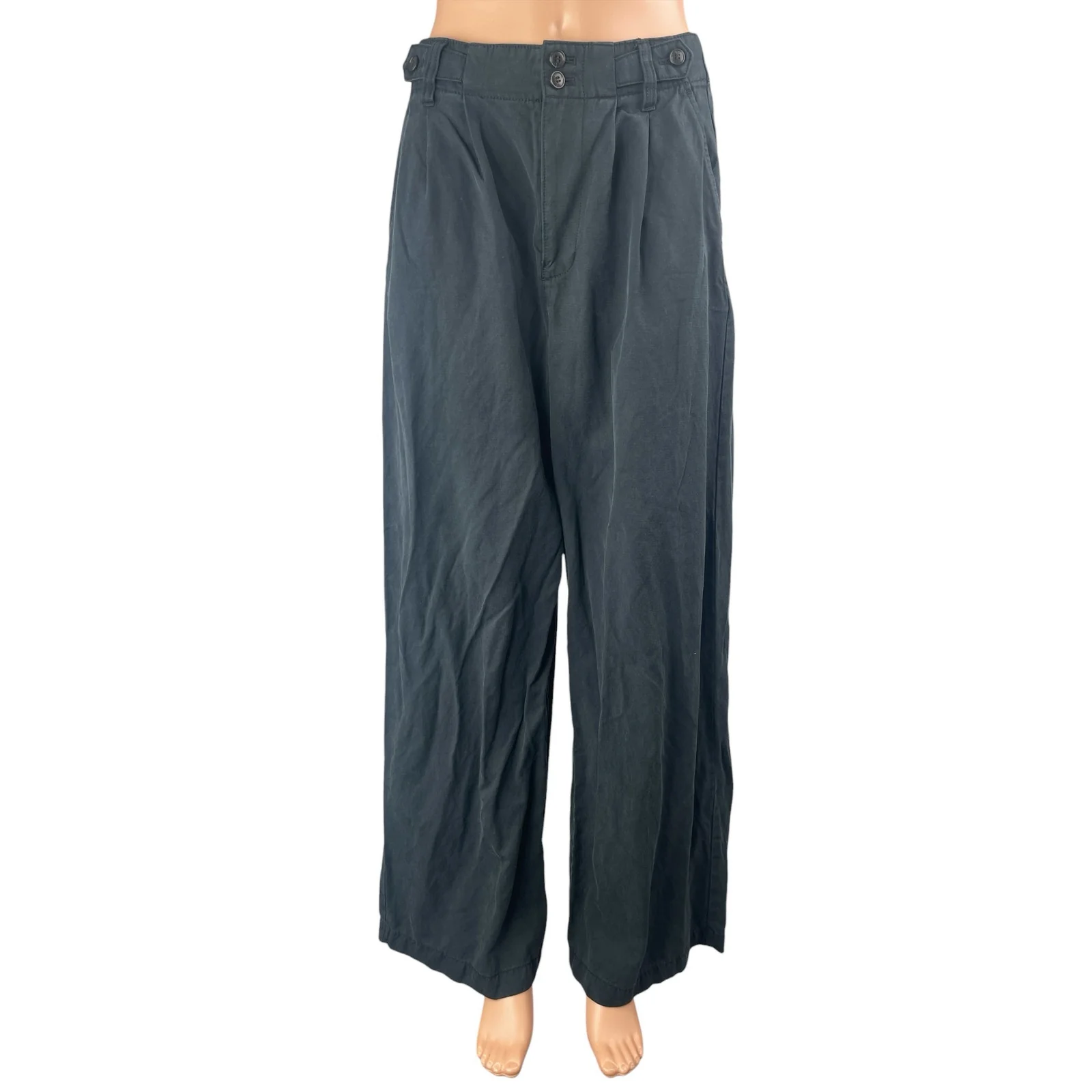 Madewell Women's Black Linen Pleated High Rise Wide Leg Trousers Pants Size 2
