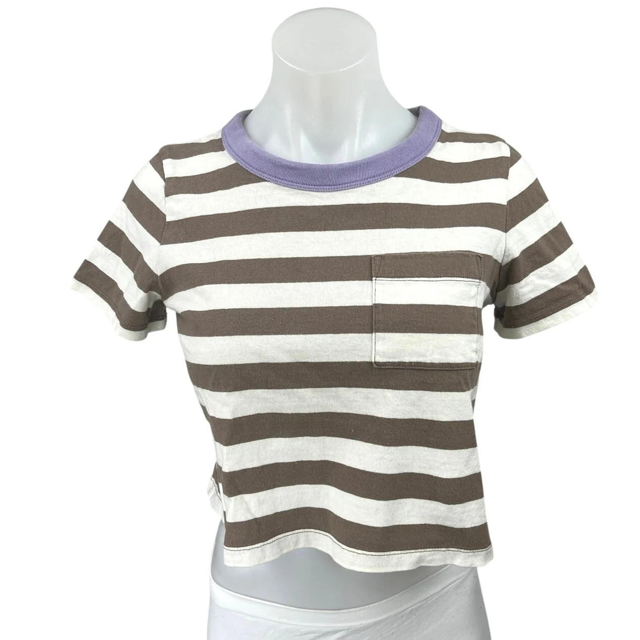 Madewell Women's Green White Striped Short Sleeve Crop Tee T-shirt  Top Size XS