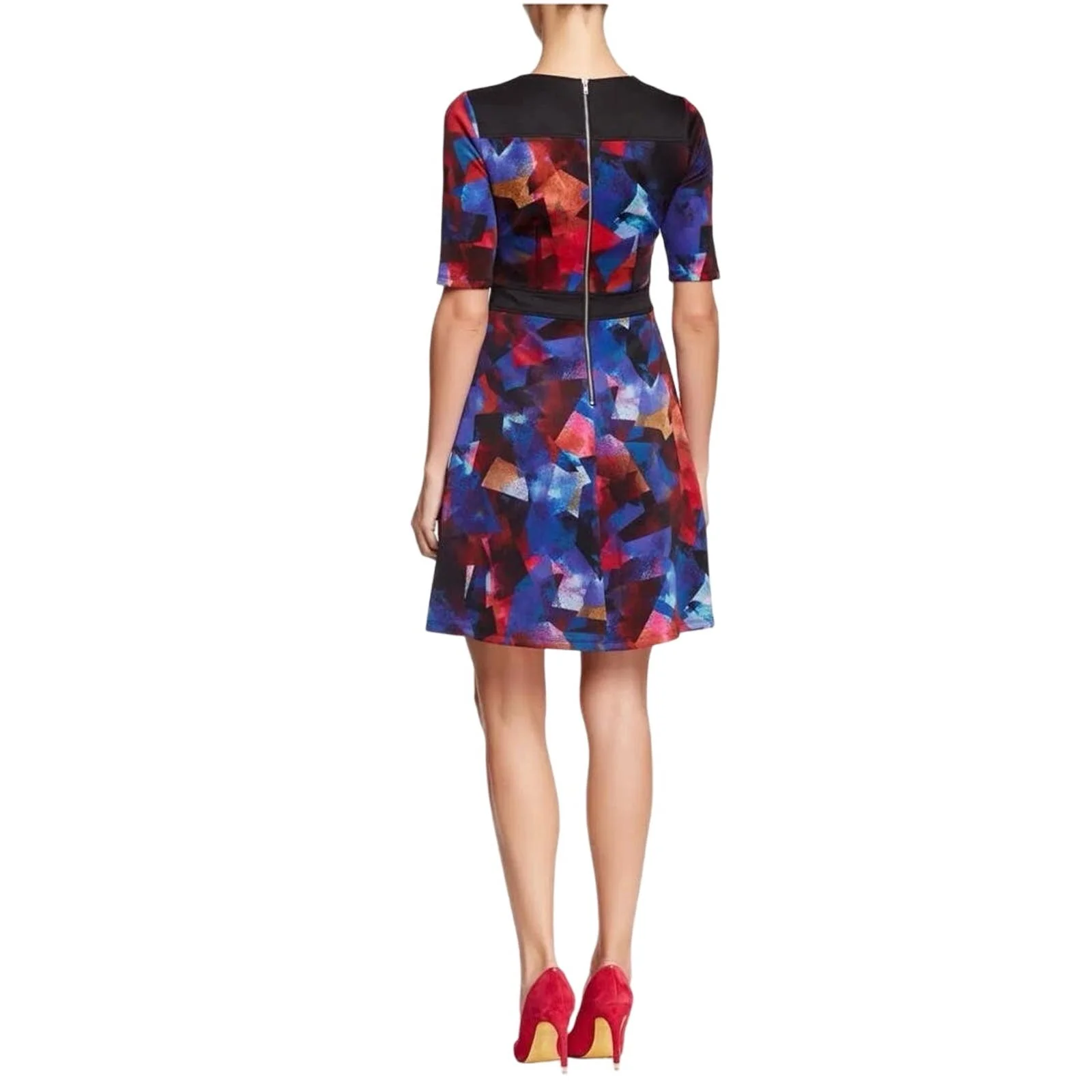 Maggy London Scuba Multicolor Blue Red Abstract Crew Neck A Line Mini Dress Sz 6 - Image 3