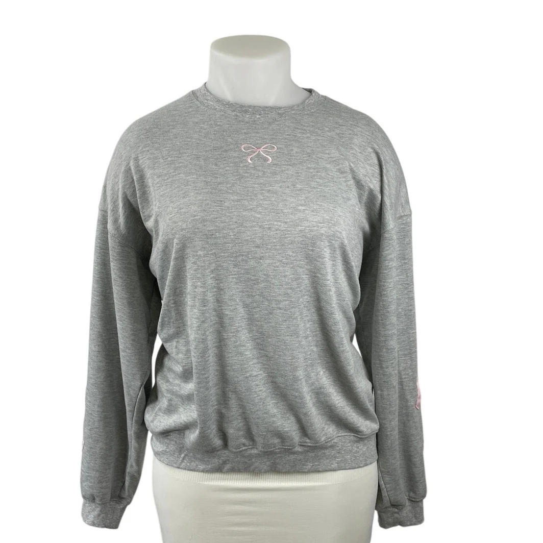 Main Strip Women's Gray Embroidered Pink Bow Long Sleeve Sweatshirt Top Size L