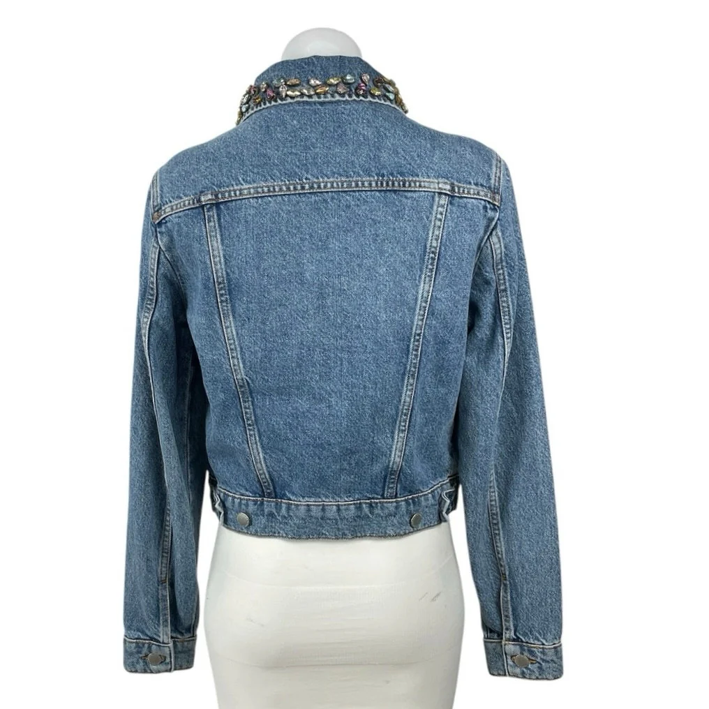 Maje Bianca Blue Embellished Crystal Stud Beaded Button Up Denim Jean Jacket M - Image 3
