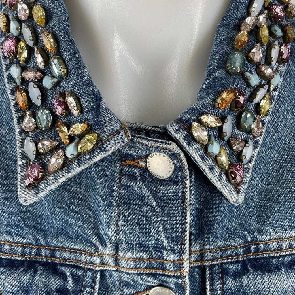 Maje Bianca Blue Embellished Crystal Stud Beaded Button Up Denim Jean Jacket M - Image 4