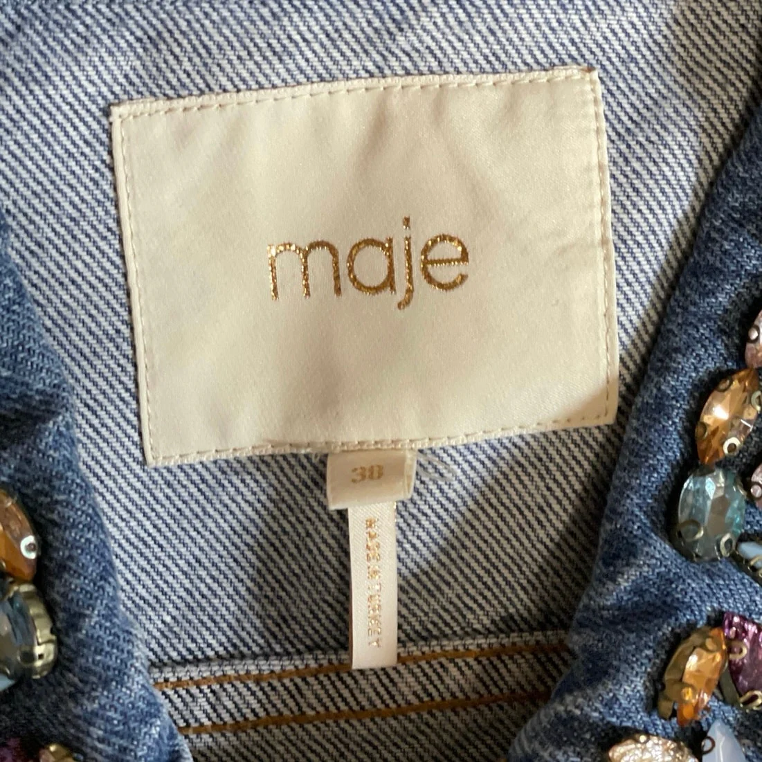 Maje Bianca Blue Embellished Crystal Stud Beaded Button Up Denim Jean Jacket M - Image 5