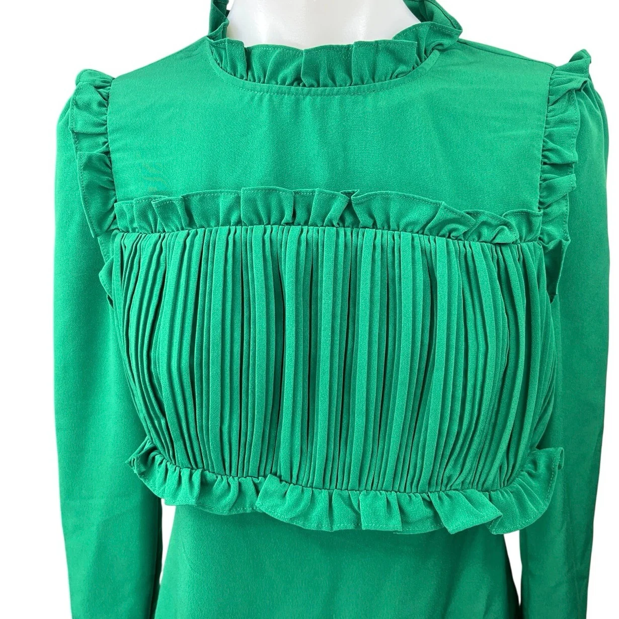 Maje Green Jacqueline Long Sleeve Ruffle Mock Neck Pleated A Line Mini Dress 2 - Image 4