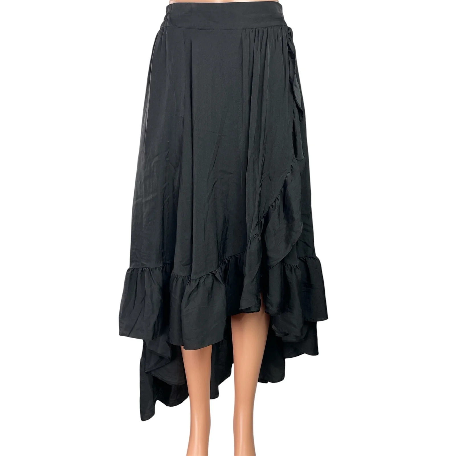 Maje Johno Women Black High Waisted Ruffle Pleated A Line High Low Skirt Size S