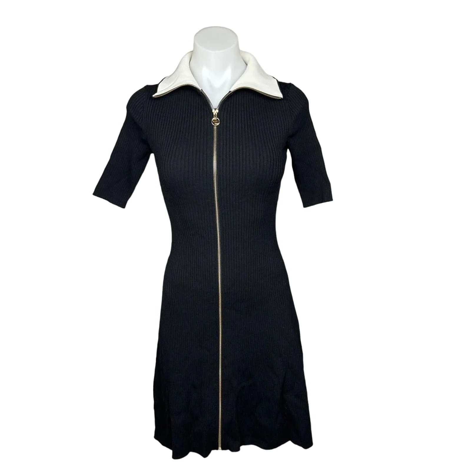 Maje Women's Designer Black Ribbed Knit Collared Full Zip A Line Mini Dress S