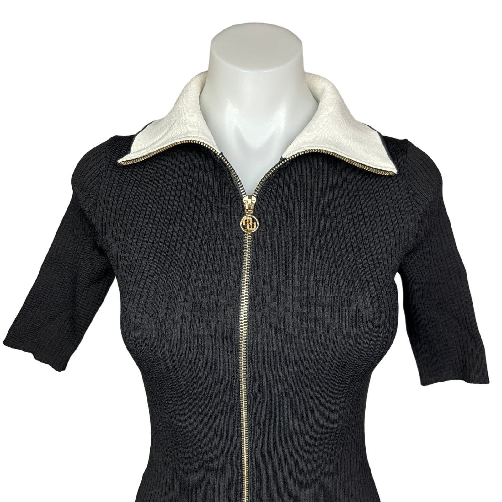 Maje Women's Designer Black Ribbed Knit Collared Full Zip A Line Mini Dress S - Image 4