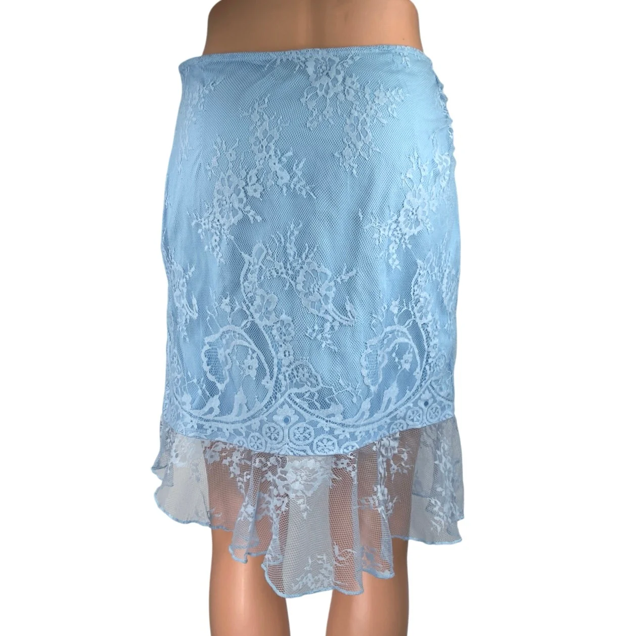 Majorelle Blue Lace Mesh Floral Ruffle Asymmetric Mini Straight Pencil Skirt M - Image 3