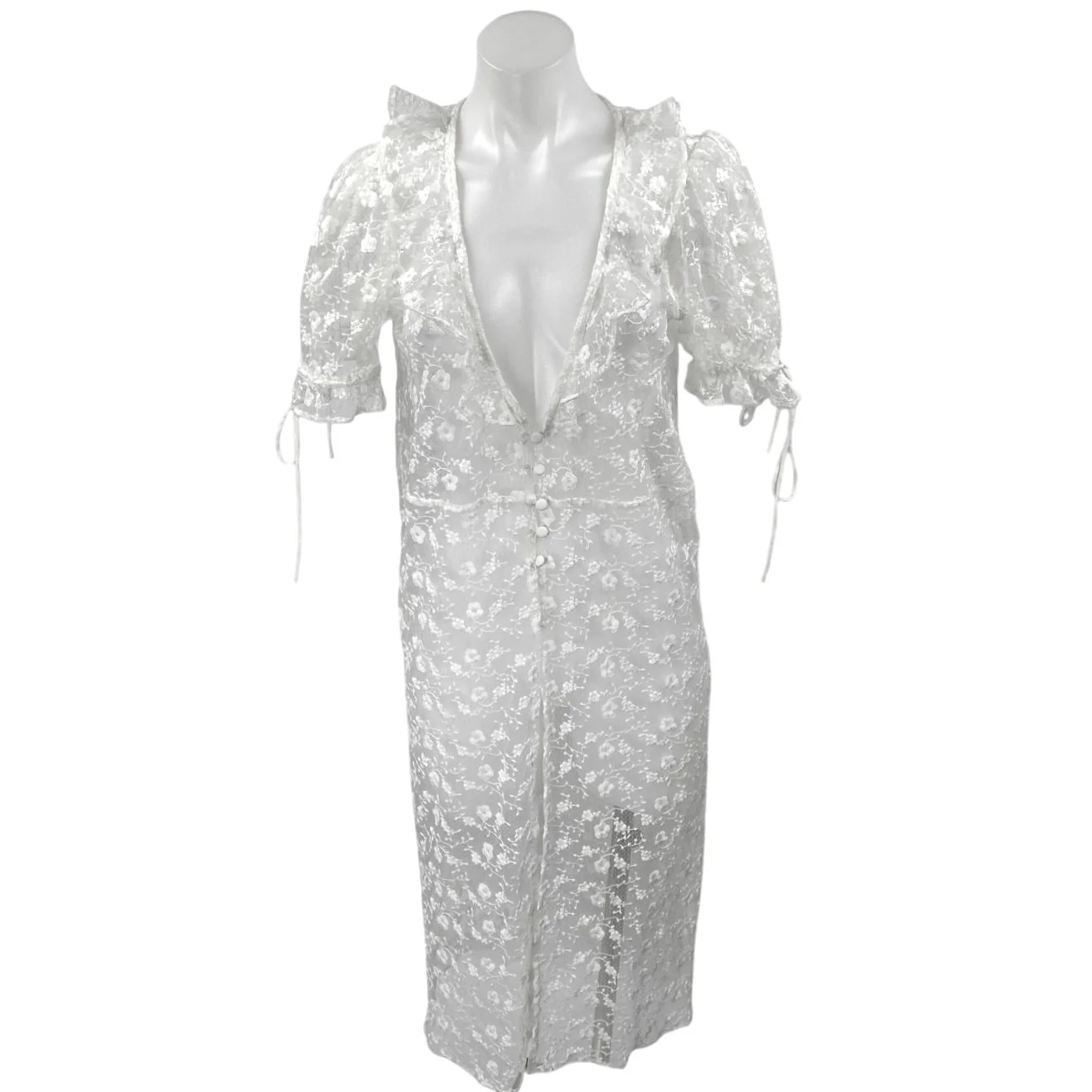 Majorelle White Floral Lace Short Sleeve Plunge Ruffle Sheer Midi Dress XS